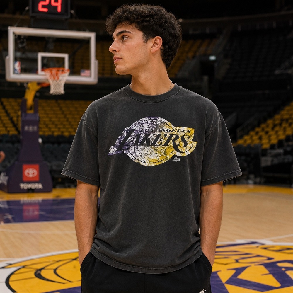Adidas Los Angeles Lakers T-Shirt Mens Large Black Graphic Trefoil NBA Gym Tee